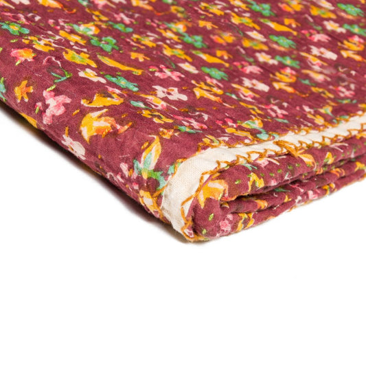50" X 70" Orange Blue and Yellow Cotton Kantha Patchwork with Embroidery