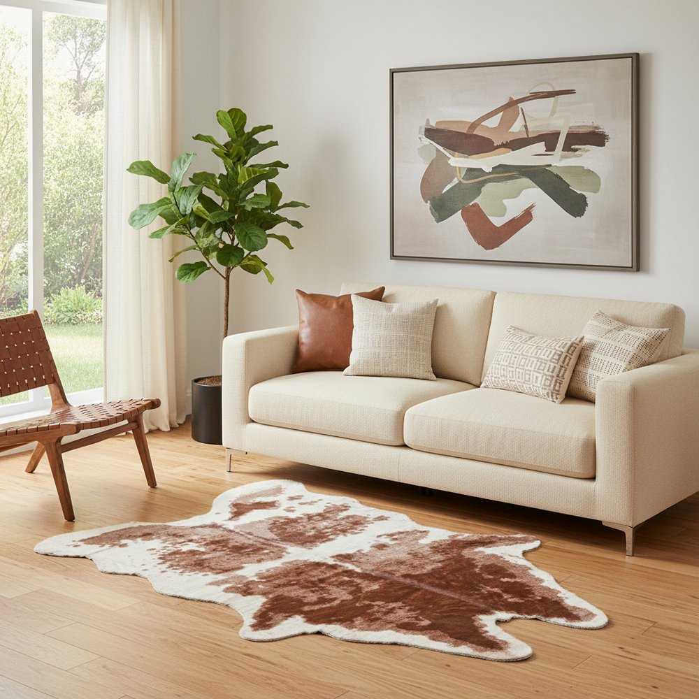 4' X 5' Brown And Ivory Faux Cowhide Animal Print Area Rug