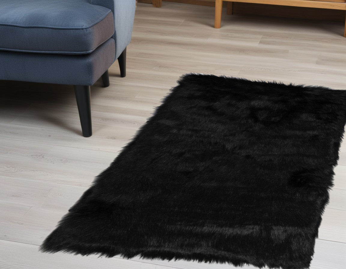 2' X 3' Black Faux Sheepskin Animal Print Washable Area Rug