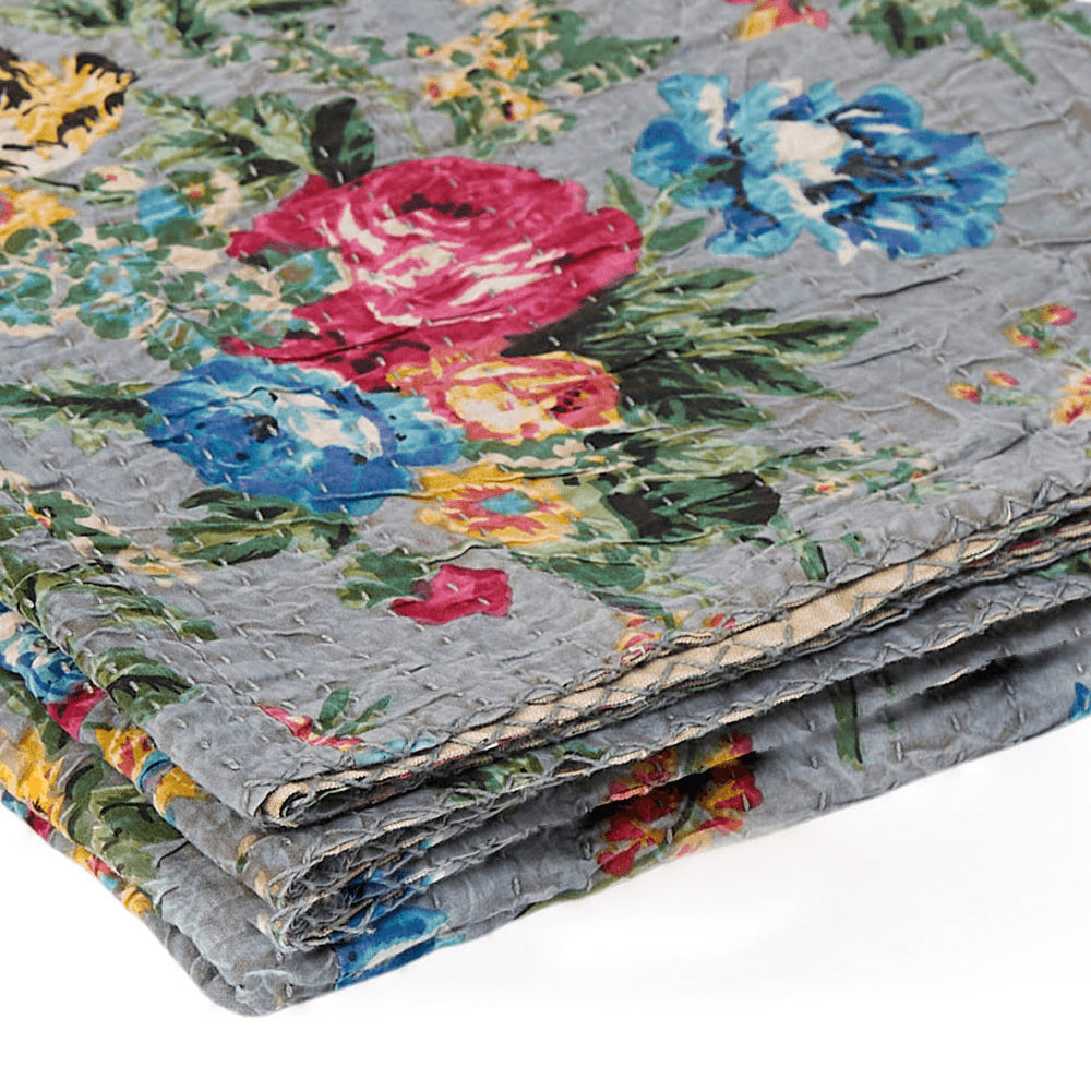 50" X 70" Green and Red Kantha Cotton Damask Throw Blanket with Embroidery