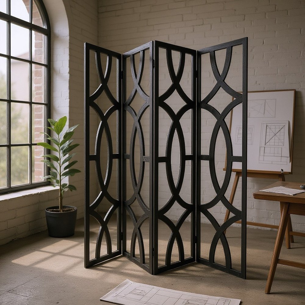 84" Black Solid Wood Folding Four Panel Screen Room Divider
