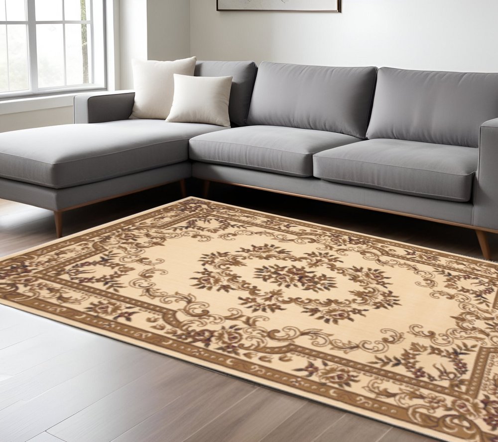 8' X 11' Beige And Brown Floral Medallion Area Rug