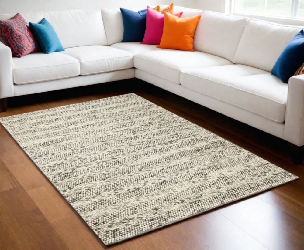 5' X 7' Gray And Ivory Wool Striped Hand Woven Area Rug