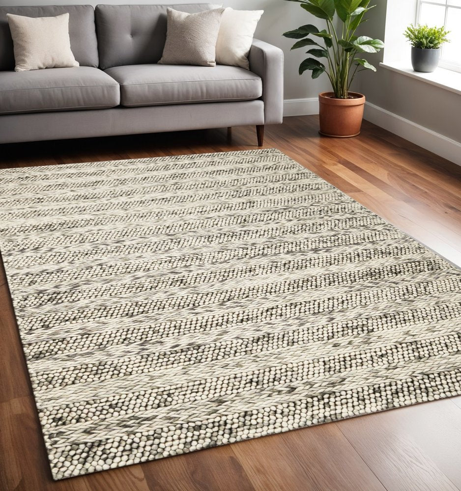 5' X 7' Gray And Ivory Wool Striped Hand Woven Area Rug