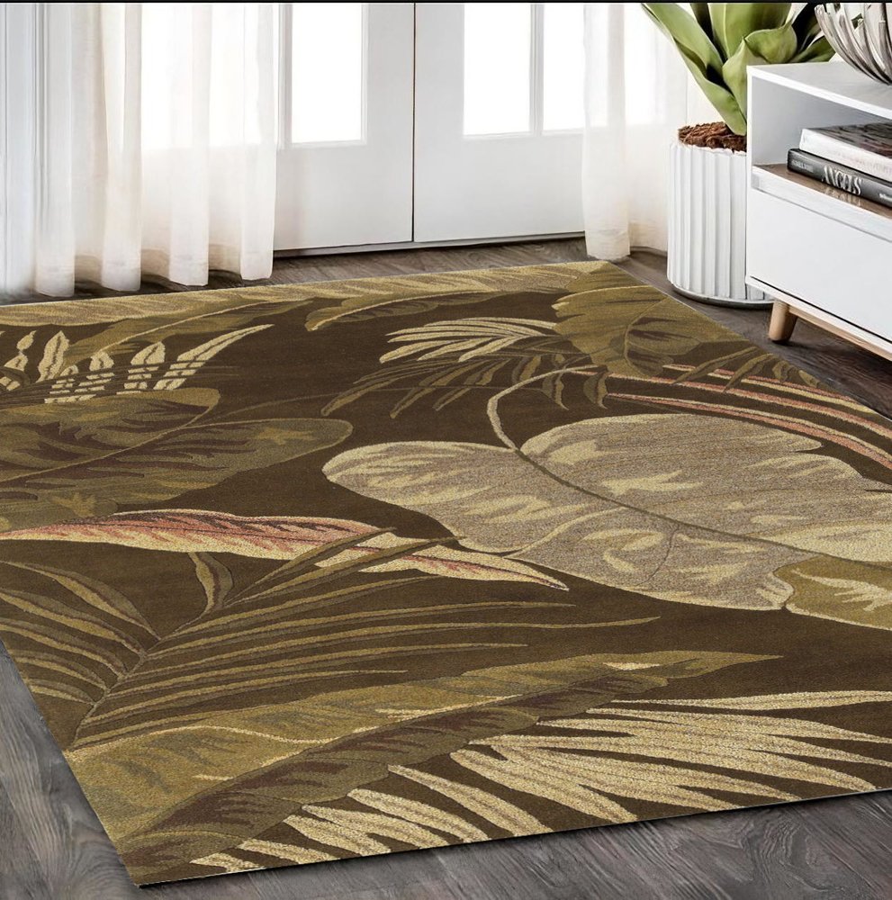 3' X 5' Brown And Beige Wool Botanical Leaves Hand Tufted Area Rug