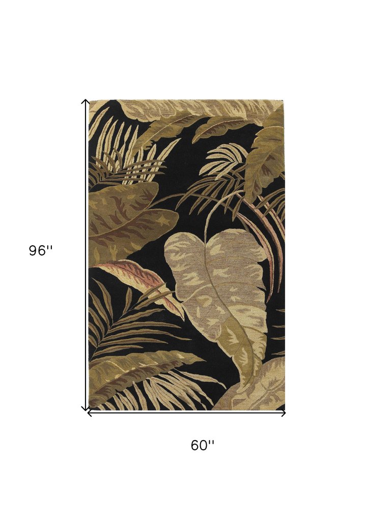 3' X 5' Black Beige And Brown Wool Botanical Leaves Hand Tufted Area Rug
