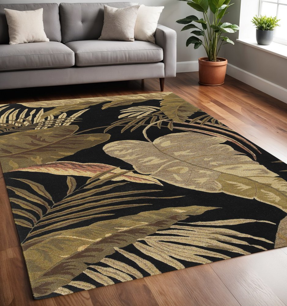 3' X 5' Black Beige And Brown Wool Botanical Leaves Hand Tufted Area Rug
