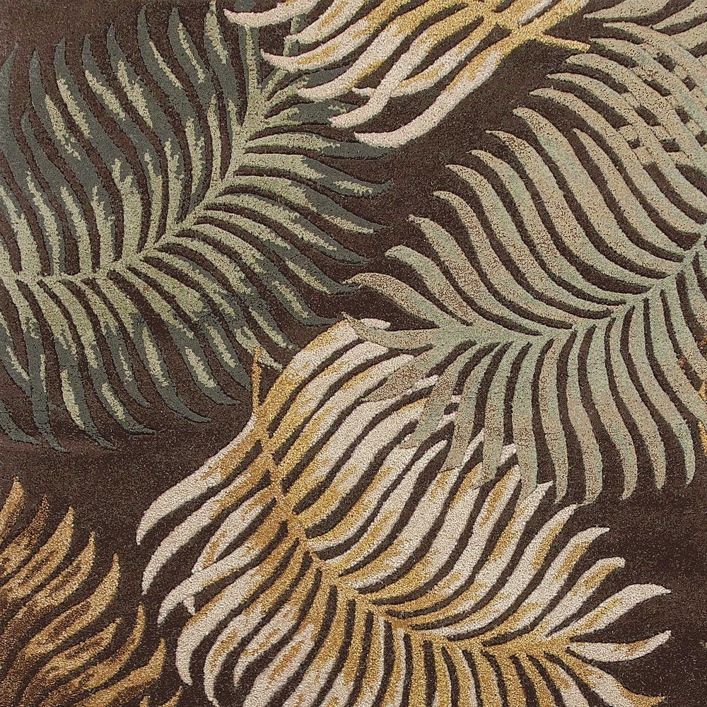 5' X 8' Espresso Beige And Green Wool Botanical Leaves Hand Tufted Area Rug
