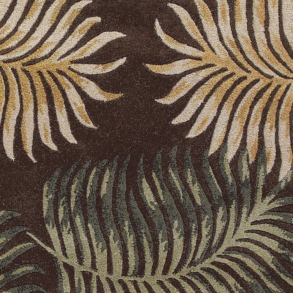 5' X 8' Espresso Beige And Green Wool Botanical Leaves Hand Tufted Area Rug