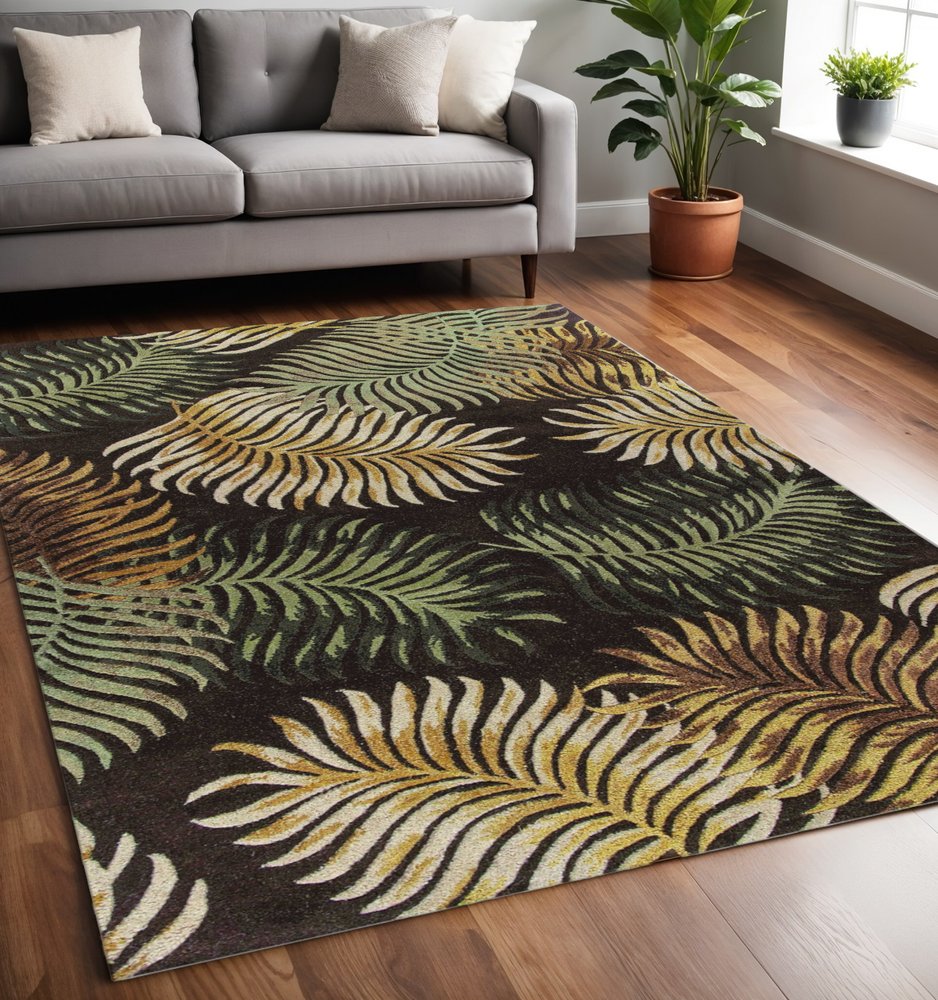 5' X 8' Espresso Beige And Green Wool Botanical Leaves Hand Tufted Area Rug