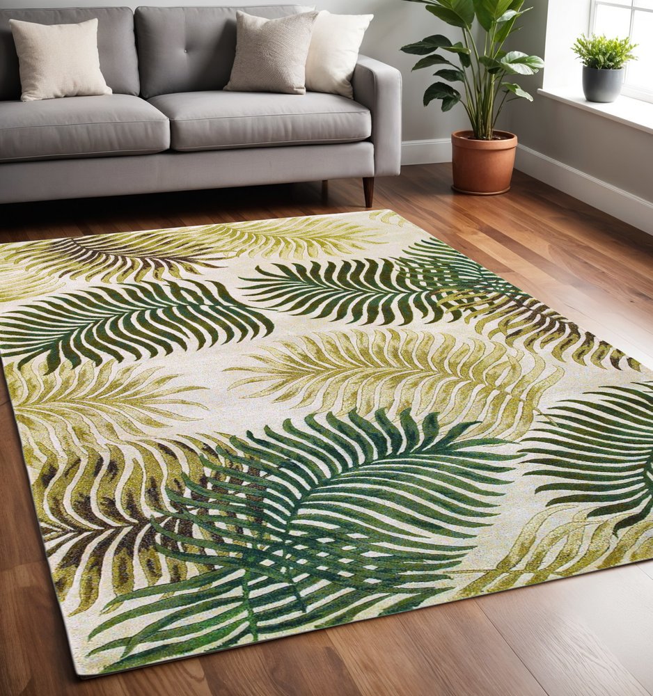 8' X 11' Natural Green And Brown Wool Botanical Leaves Hand Tufted Area Rug