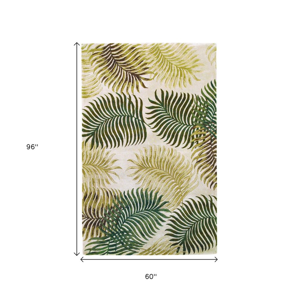8' X 11' Natural Green And Brown Wool Botanical Leaves Hand Tufted Area Rug