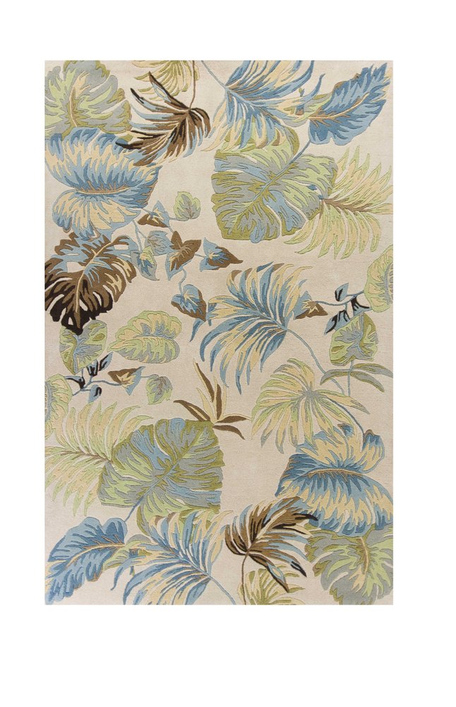 5' X 8' Ivory And Blue Wool Botanical Leaves Hand Tufted Area Rug