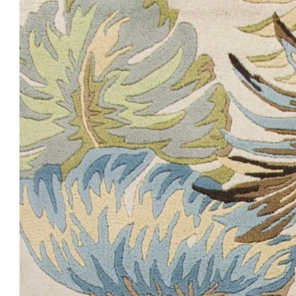 5' X 8' Ivory And Blue Wool Botanical Leaves Hand Tufted Area Rug