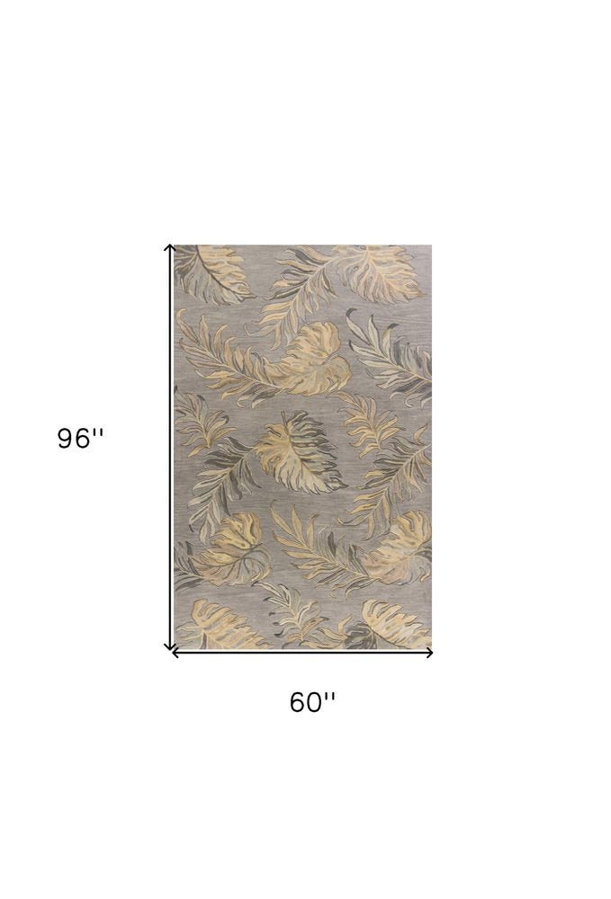 3' X 5' Gray And Taupe Wool Botanical Leaves Hand Tufted Area Rug