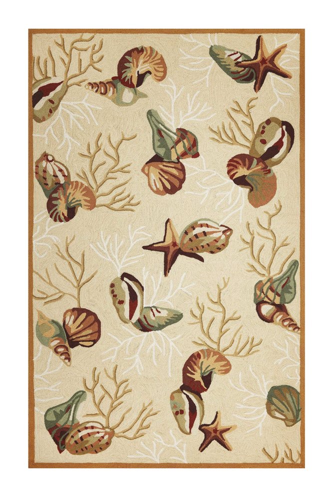 2' X 3' Beige Green And Brown Seashell and Coral Hand Tufted Area Rug