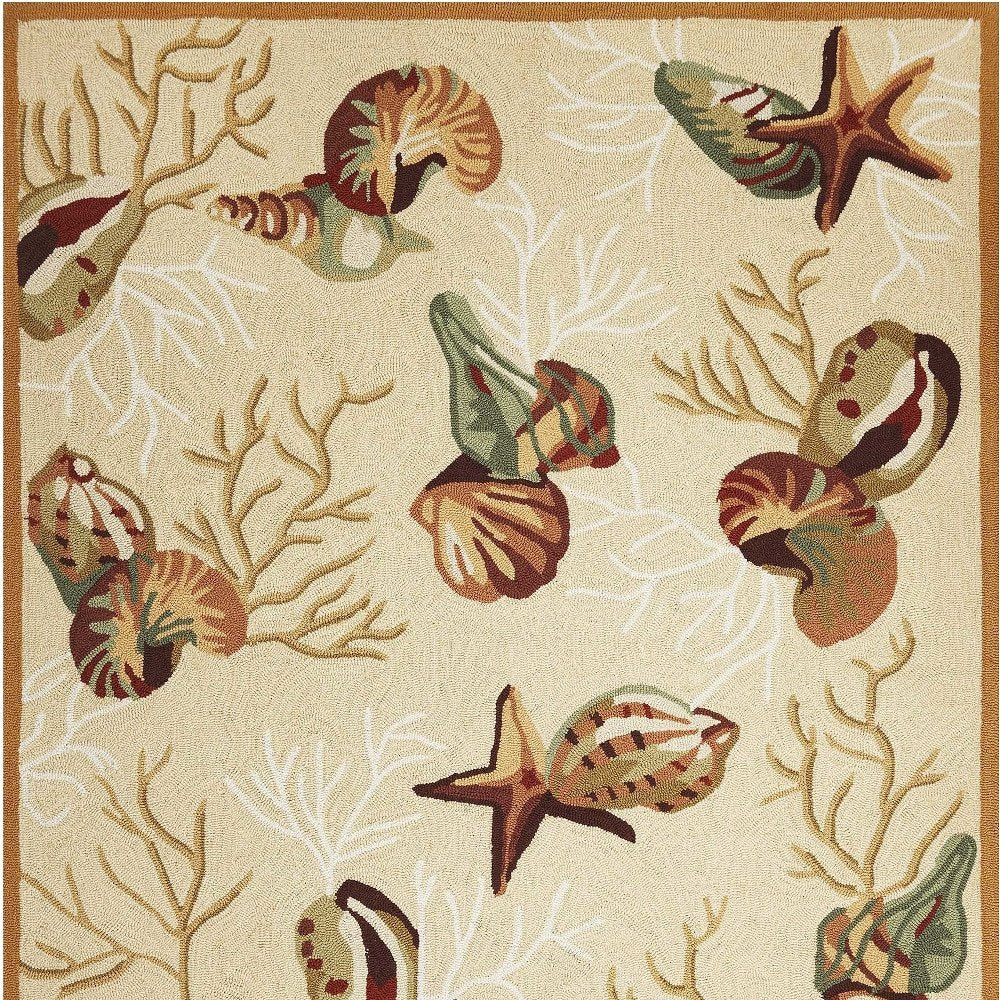 2' X 3' Beige Green And Brown Seashell and Coral Hand Tufted Area Rug