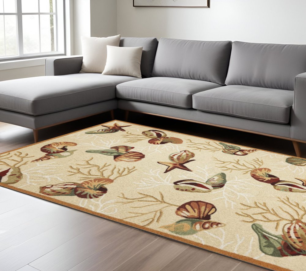 2' X 3' Beige Green And Brown Seashell and Coral Hand Tufted Area Rug
