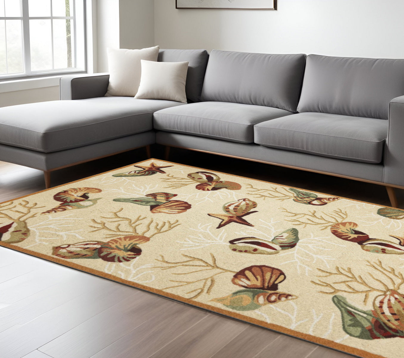 2' X 3' Beige Green And Brown Seashell and Coral Hand Tufted Area Rug