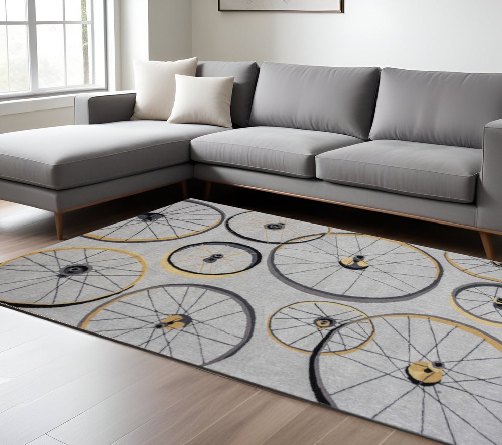 7' Gray Black And Yellow Abstract Geometric Hand Tufted Runner Rug