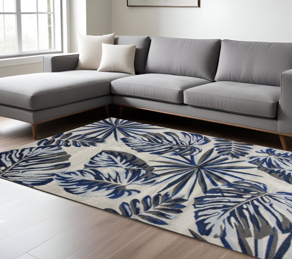 8' X 11' Blue And Gray Botanical Leaves Area Rug
