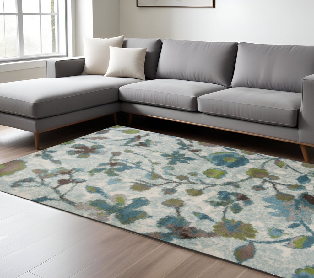 5' X 8' Teal Blue Green And White Floral Vines Area Rug