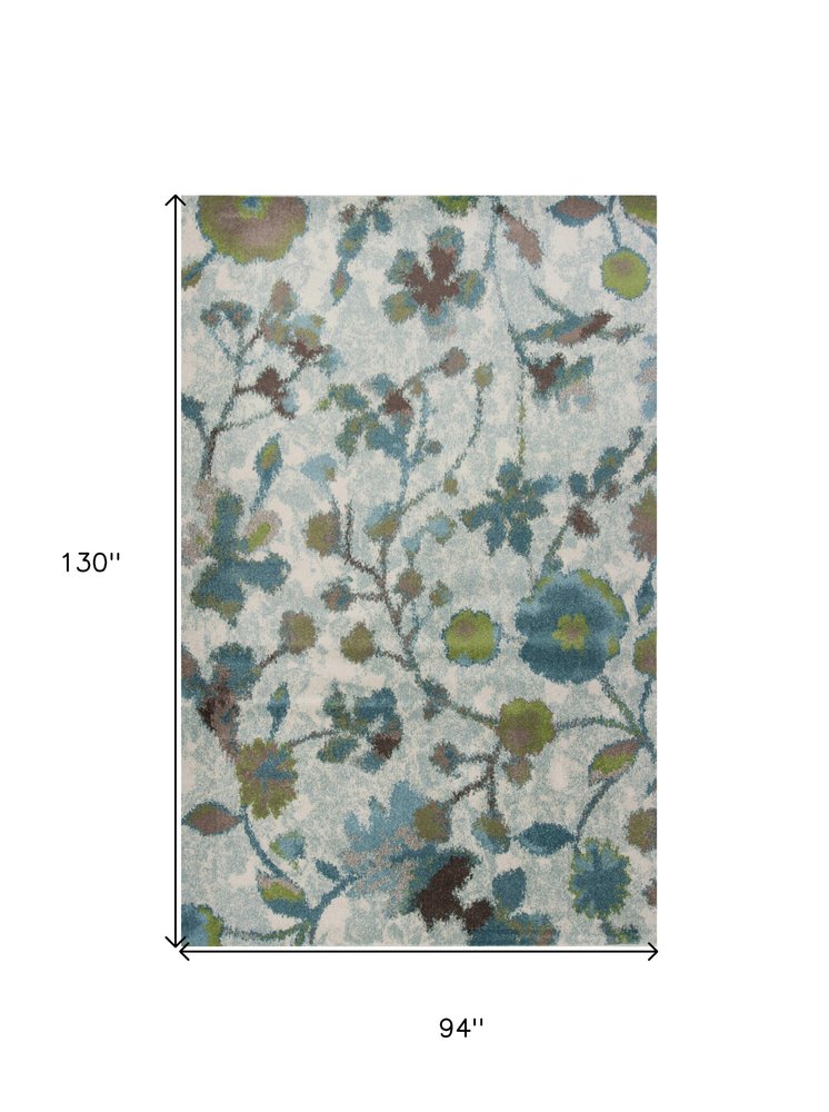 5' X 8' Teal Blue Green And White Floral Vines Area Rug