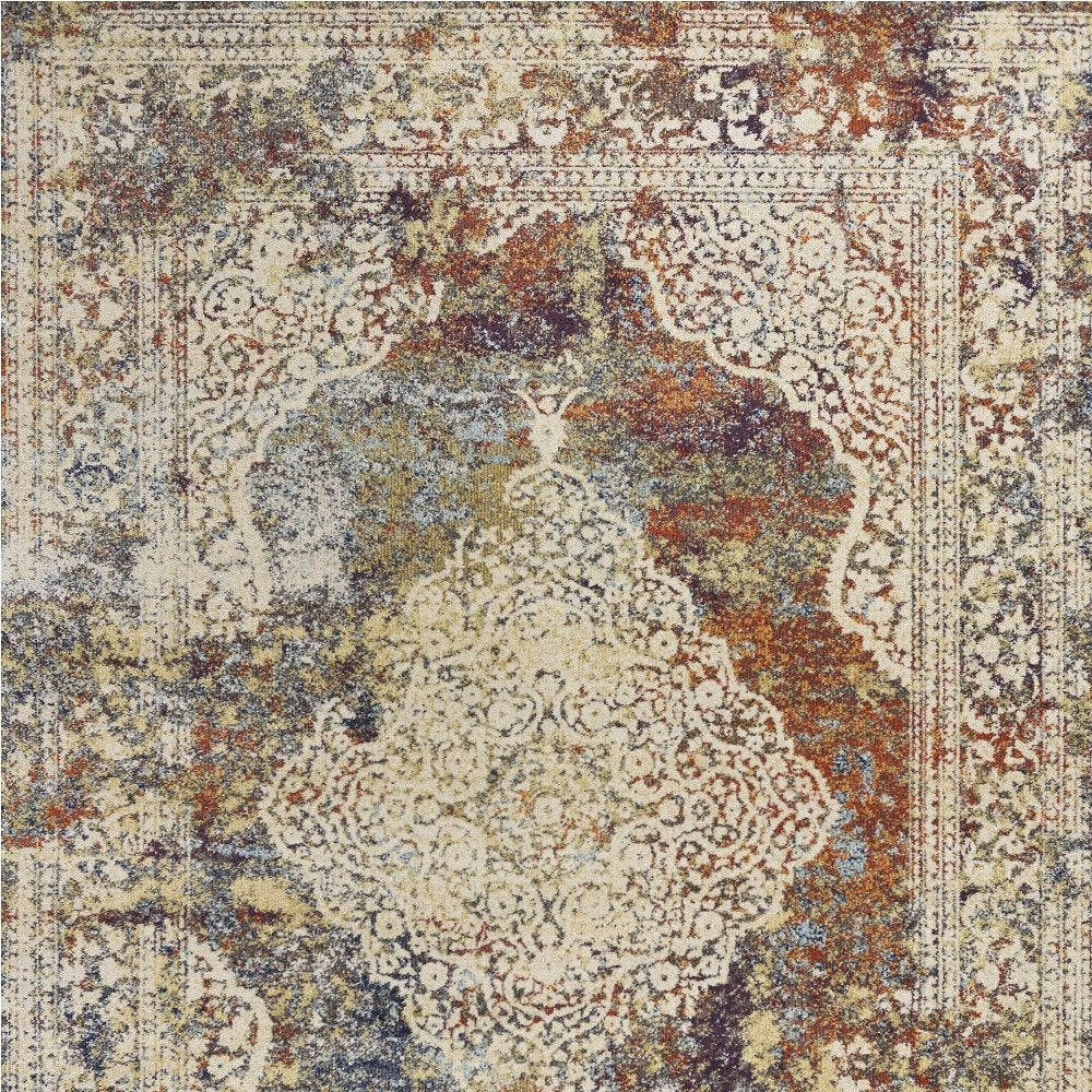 5' X 8' Ivory Blue And Orange Medallion Area Rug