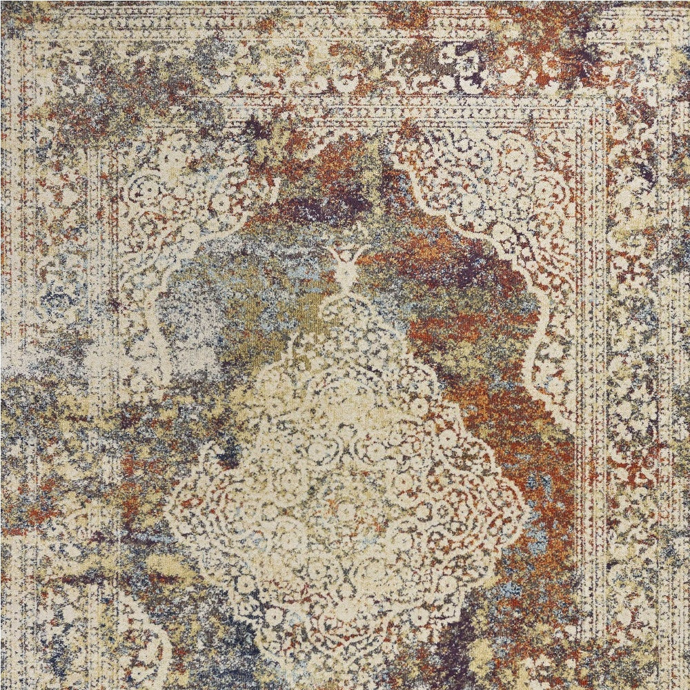 5' X 8' Ivory Blue And Orange Medallion Area Rug