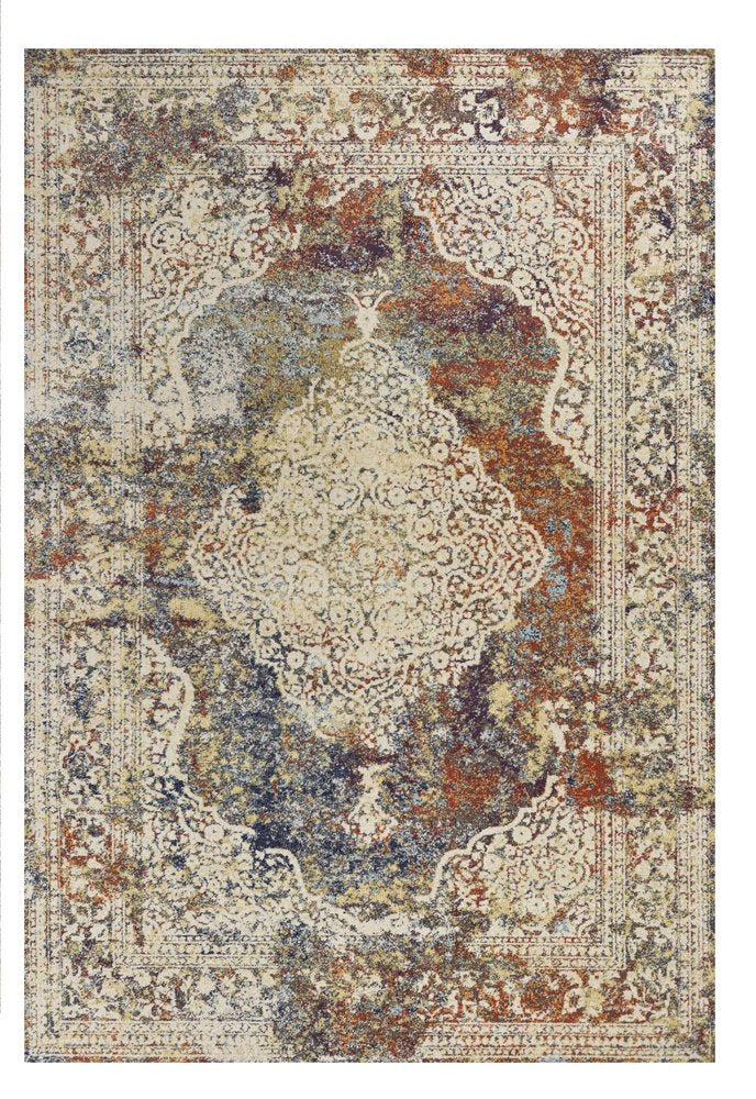 5' X 8' Ivory Blue And Orange Medallion Area Rug