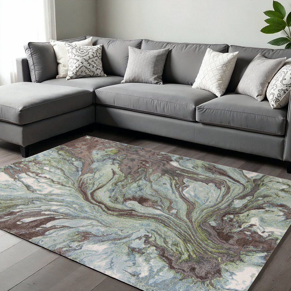 7' X 10' Green And Brown Abstract Area Rug
