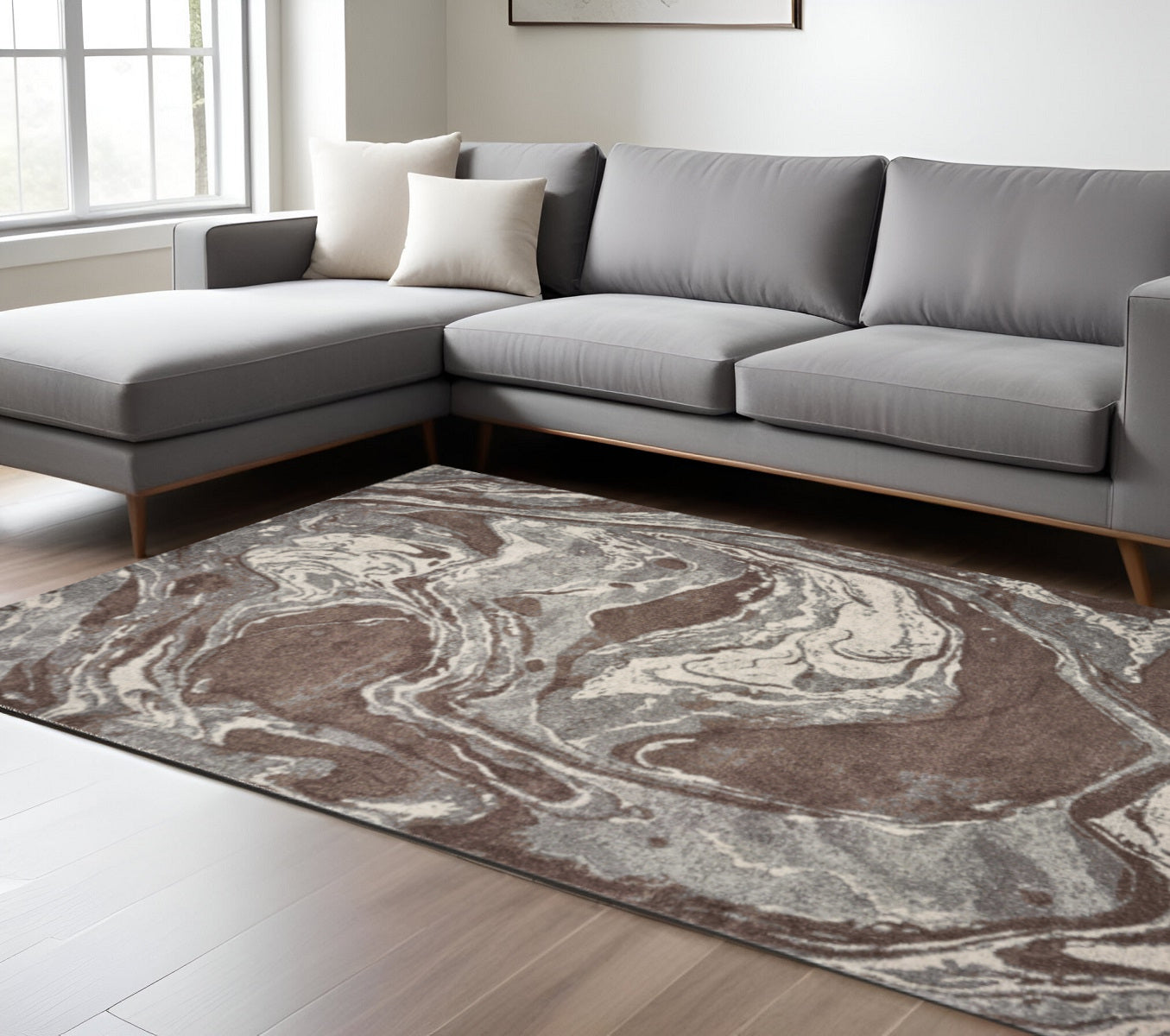 7' X 10' Brown And Ivory Abstract Area Rug
