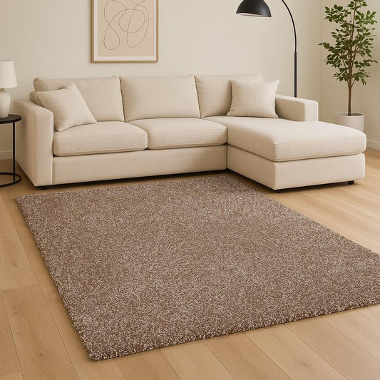 5' X 7' Beige And Brown Abstract Shag Hand Woven Area Rug