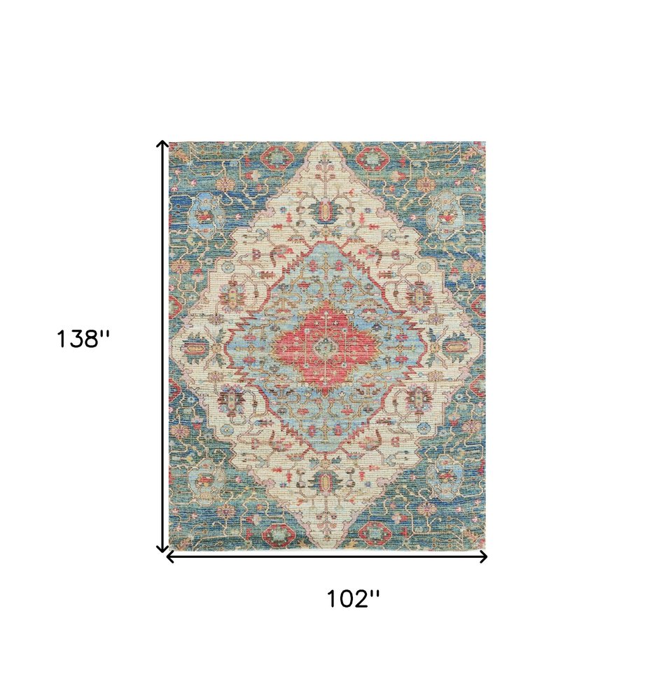 7' X 12' Blue Beige And Brick Red Jute Medallion Handmade Area Rug