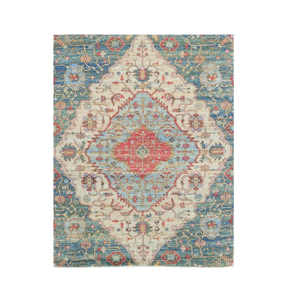 7' X 12' Blue Beige And Brick Red Jute Medallion Handmade Area Rug