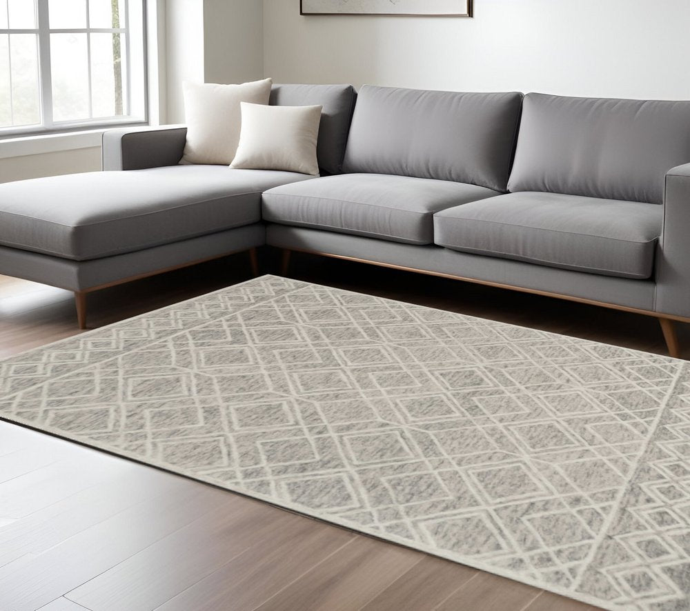 8' X 10' Sand Beige And Ivory Wool Geometric Hand Tufted Area Rug