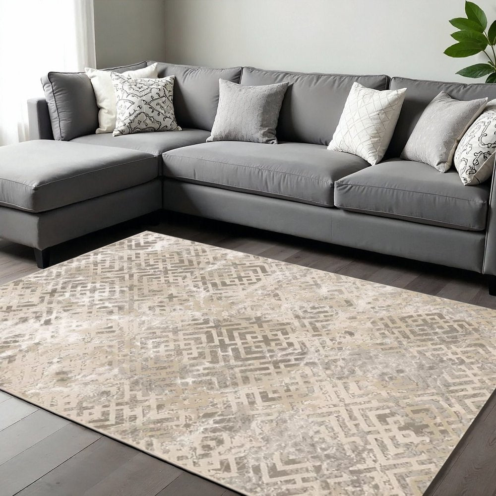 7' X 10' Sand And Light Blue Geometric Area Rug