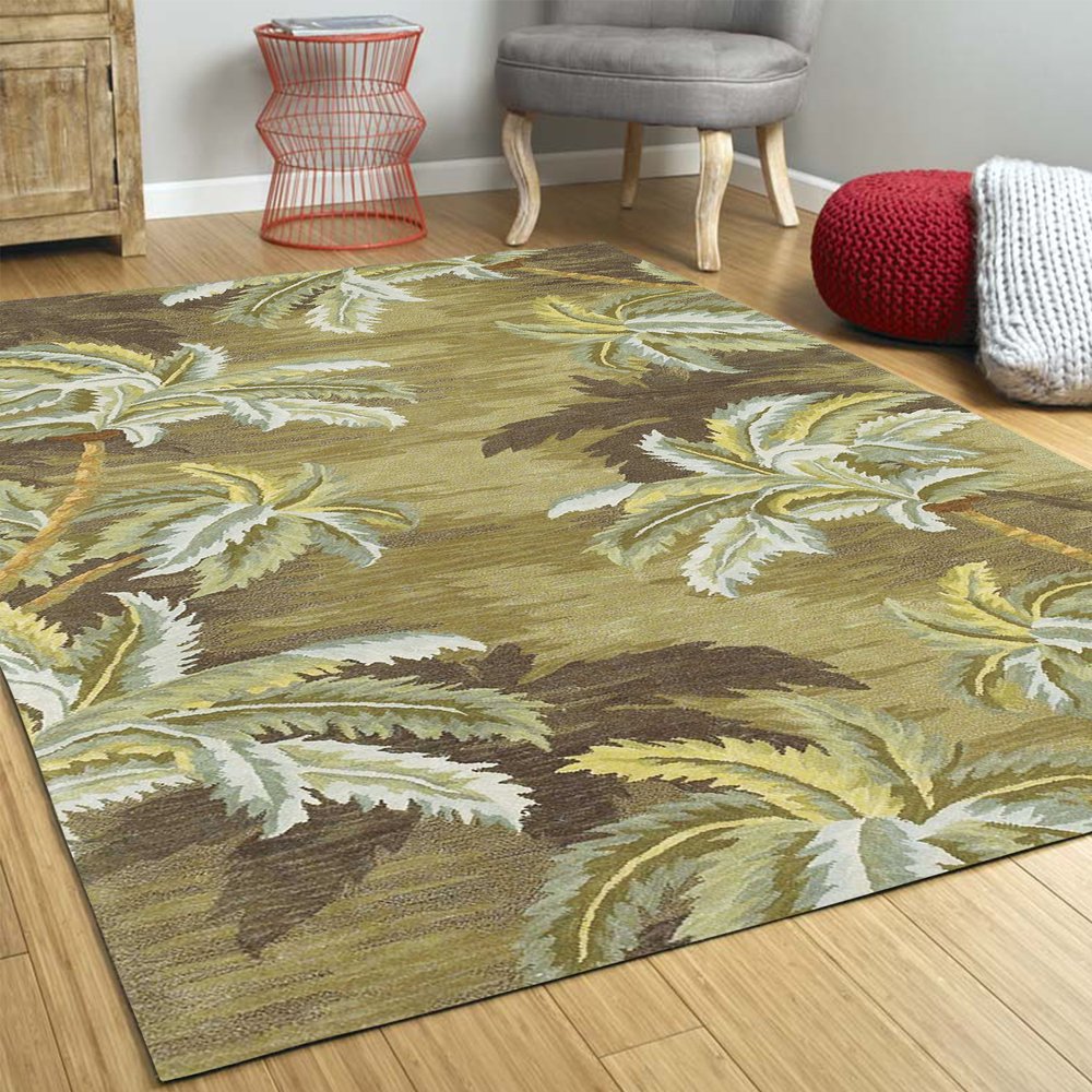 5' X 8' Moss Green And Yellow Wool Tropical Botanical Hand Tufted Area Rug