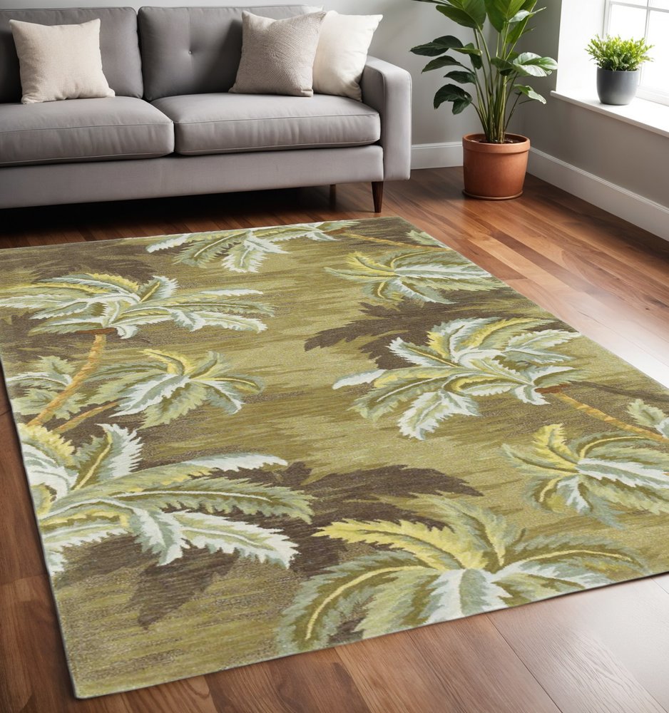 5' X 8' Moss Green And Yellow Wool Tropical Botanical Hand Tufted Area Rug