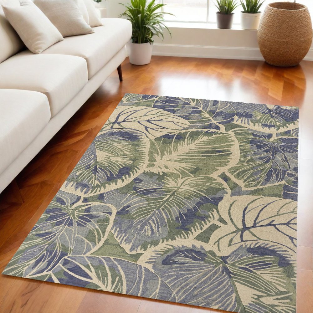 3' X 5' Blue Green And Beige Wool Tropical Botanical Hand Tufted Area Rug