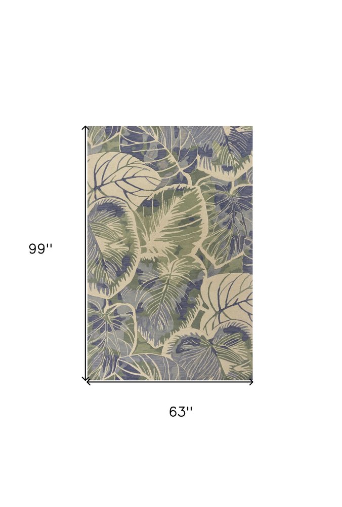 3' X 5' Blue Green And Beige Wool Tropical Botanical Hand Tufted Area Rug