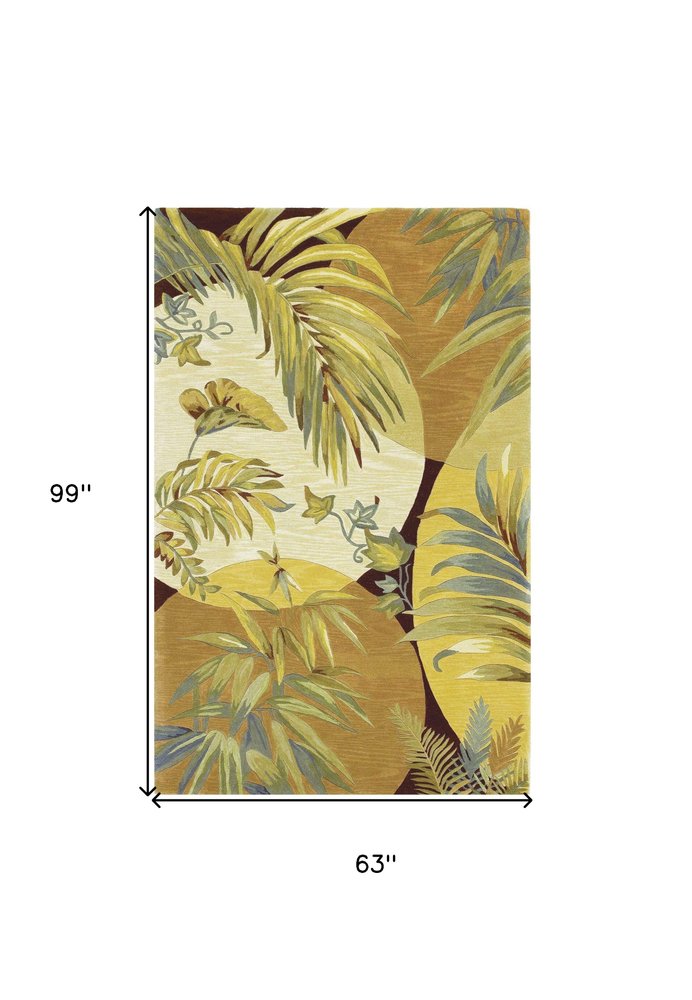 4' X 6' Coral Green And Ivory Wool Tropical Botanical Hand Tufted Area Rug