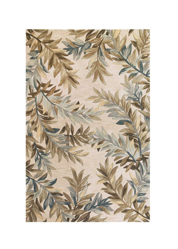9' X 12' Ivory Brown And Blue Wool Botanical Leaves Hand Tufted Area Rug
