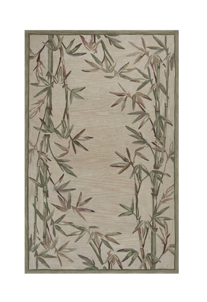 5' X 8' Ivory Green And Brown Wool Botanical Leaves Hand Tufted Area Rug
