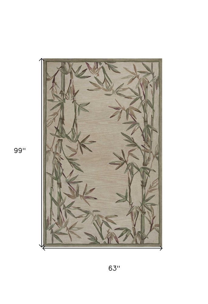 5' X 8' Ivory Green And Brown Wool Botanical Leaves Hand Tufted Area Rug