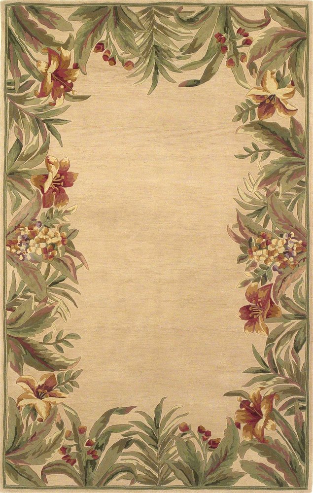 8' X 11' Beige Red And Green Wool Tropical Floral Hand Tufted Area Rug
