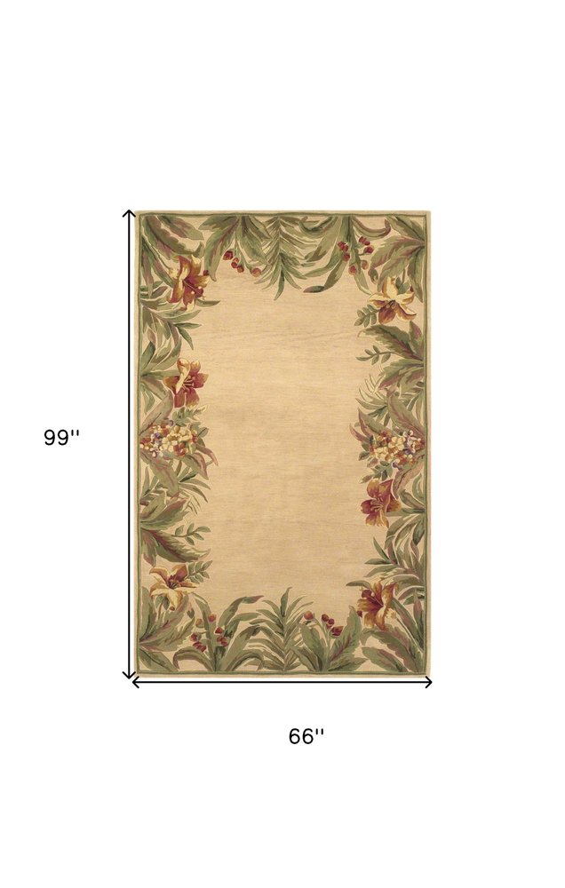 8' X 11' Beige Red And Green Wool Tropical Floral Hand Tufted Area Rug