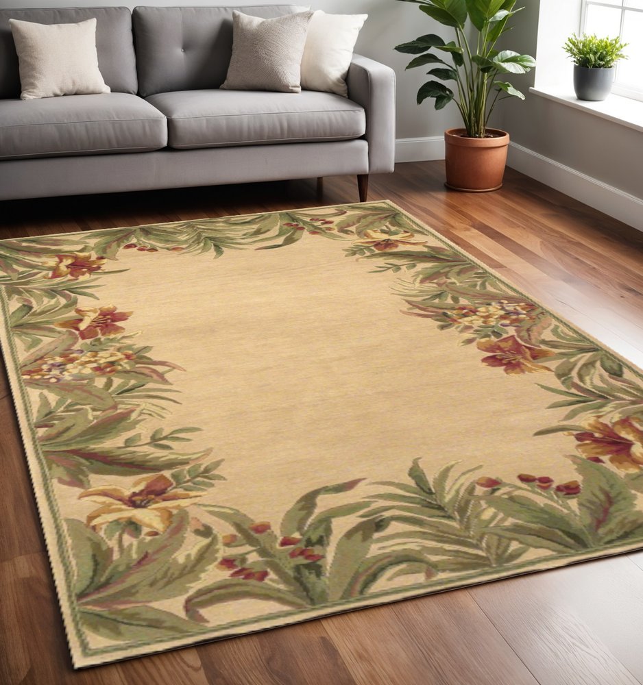 8' X 11' Beige Red And Green Wool Tropical Floral Hand Tufted Area Rug