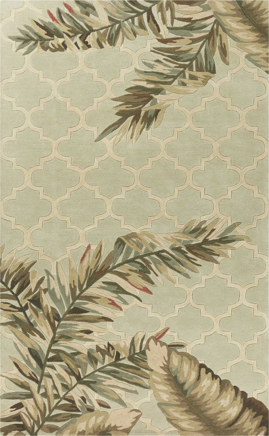 4' X 6' Sage Taupe And Green Wool Tropical Botanical Hand Tufted Area Rug