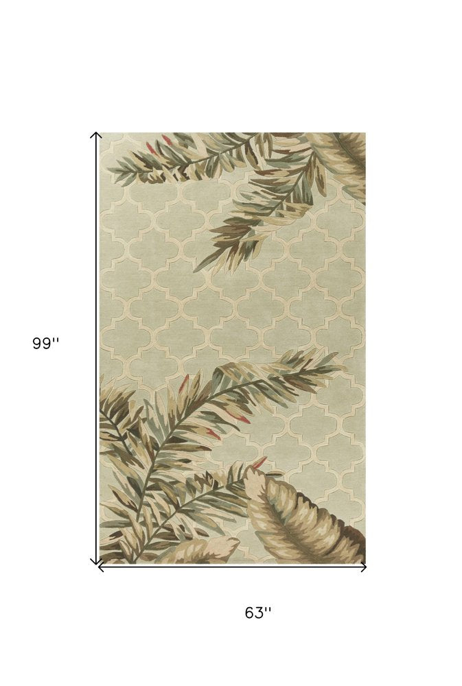 4' X 6' Sage Taupe And Green Wool Tropical Botanical Hand Tufted Area Rug